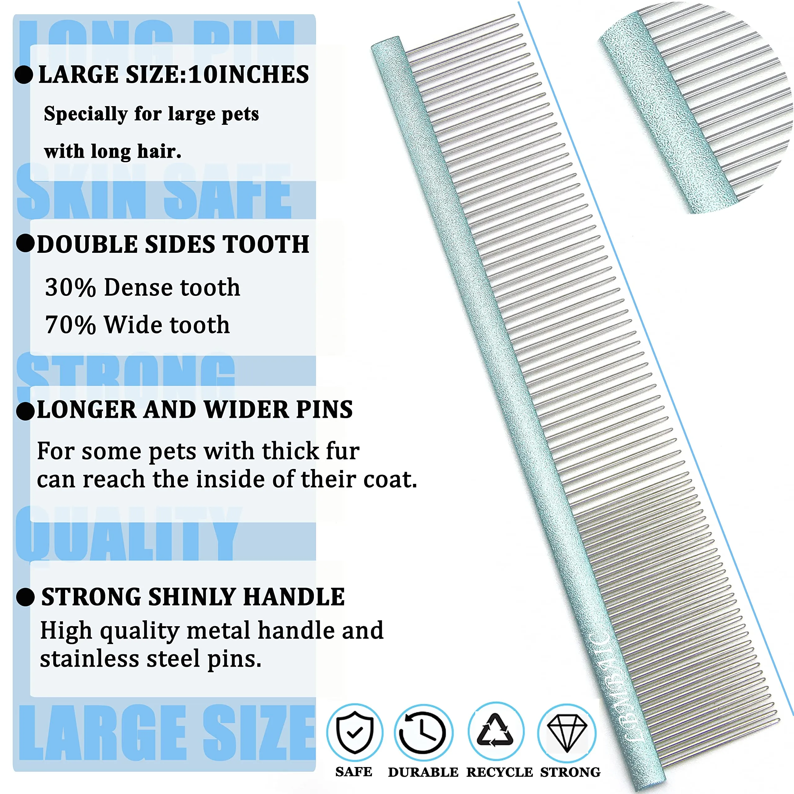 10inches Large Long Wide Tooth Metal Grooming Comb and Slicker Brush for Long Thick Coat Dogs and Cats.