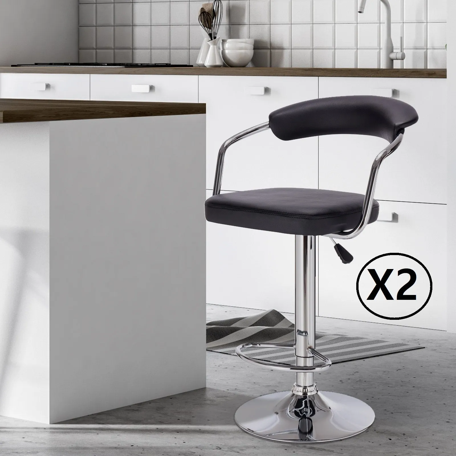 2 x Decor Lola Adjustable Barstools | Black Swivel Stool | Chrome | PU Leather