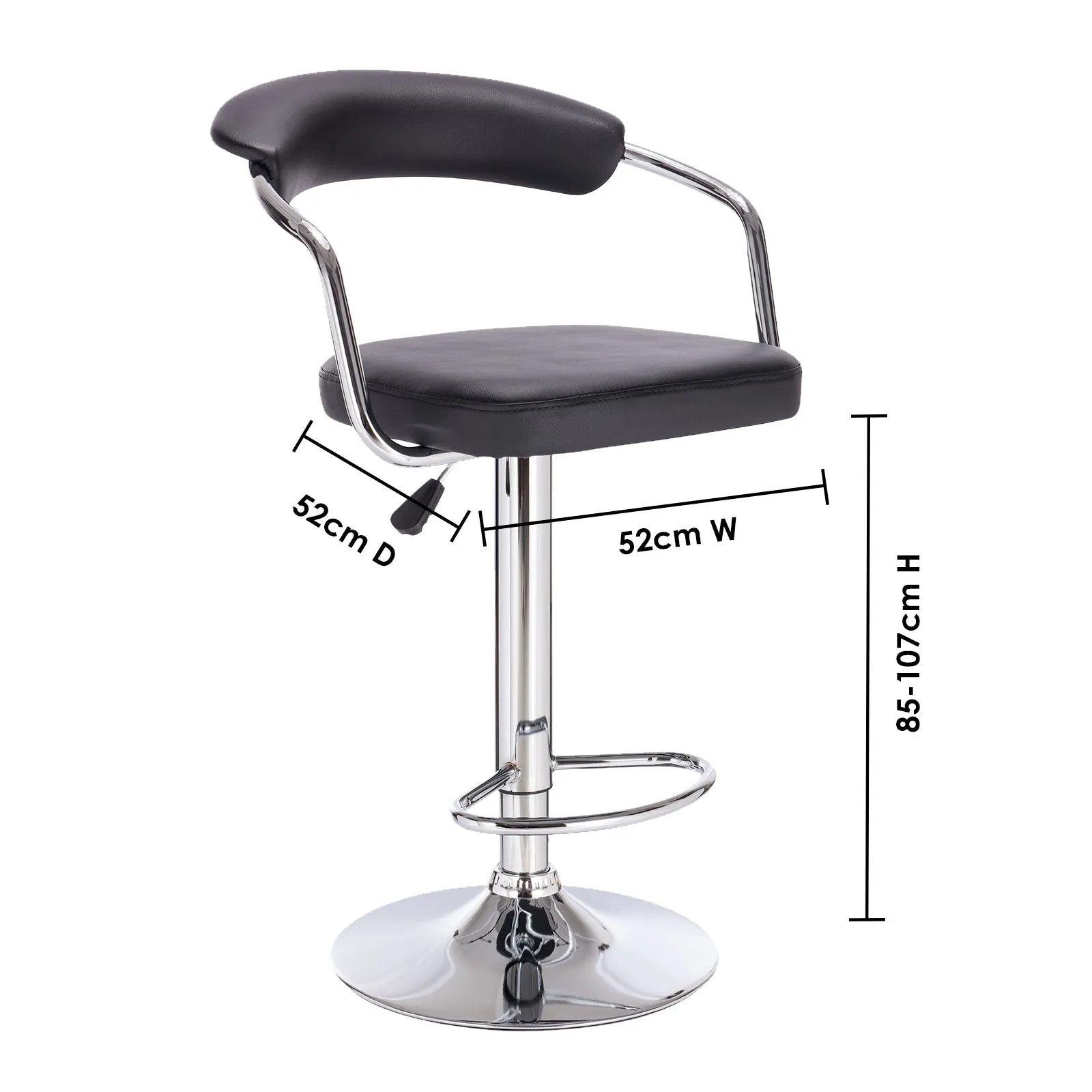 2 x Decor Lola Adjustable Barstools | Black Swivel Stool | Chrome | PU Leather
