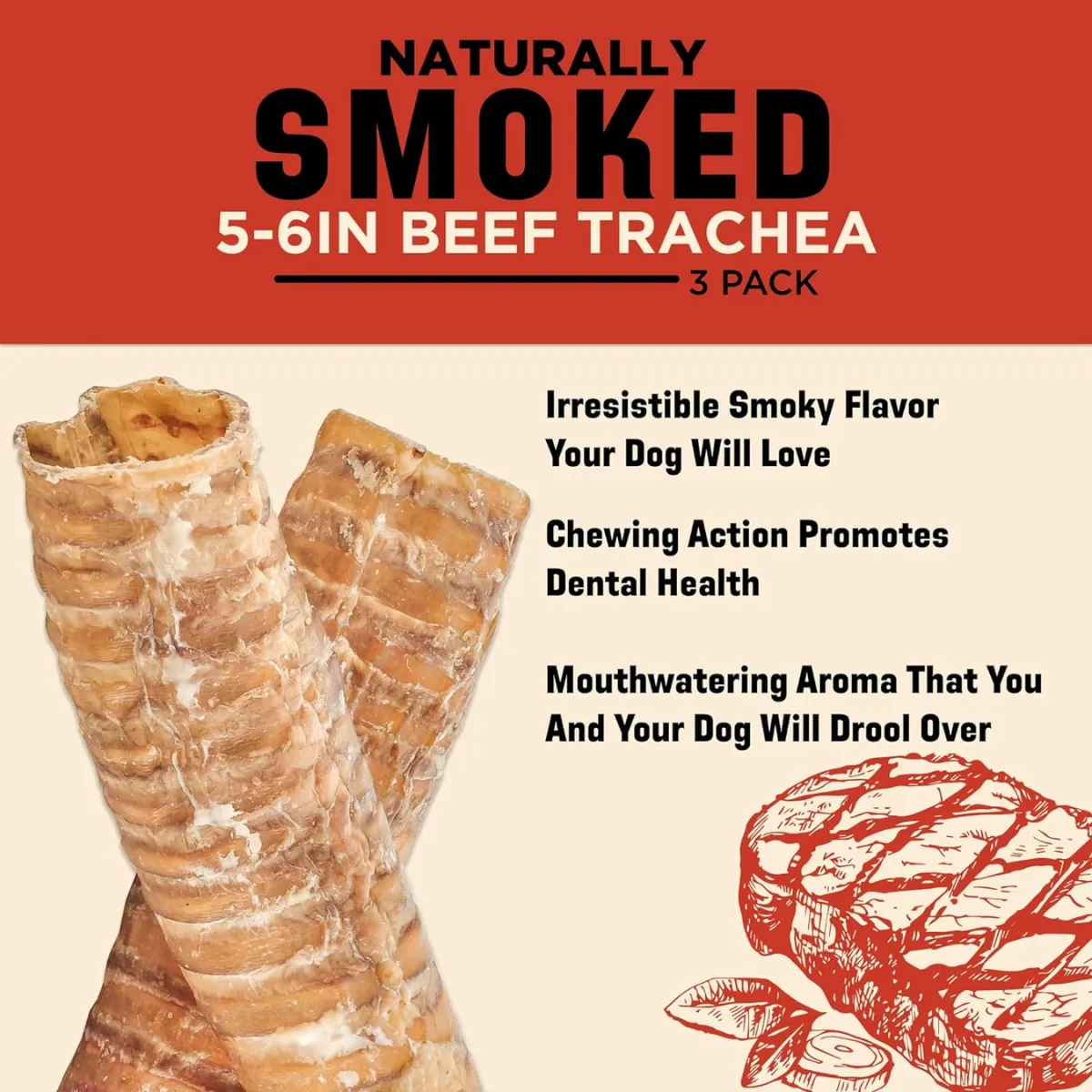 Barkworthies Smoked Beef Trachea Dry Dog Treat 6” 3-Pack