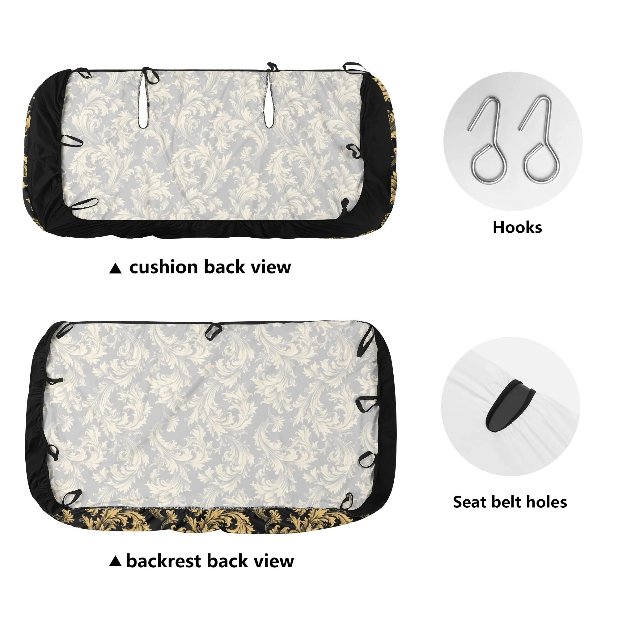 Baroque Dog Back Seat Car Cover (2pcs), Black Gold Vintage Retro Cat Rear Protector Pets Waterproof Washable Vehicle Blanket SUV Auto Truck