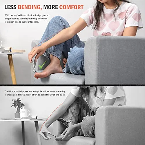 BEZOX Angled Head Nail Clippers for Seniors - Ergonomic Toenail Clipper for Thick Nails, Premium Steel Nail Cutter Trimmer with Catcher for Men and Women - Silver