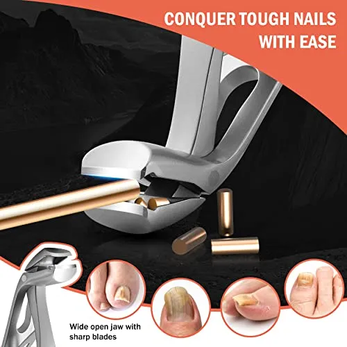 BEZOX Angled Head Nail Clippers for Seniors - Ergonomic Toenail Clipper for Thick Nails, Premium Steel Nail Cutter Trimmer with Catcher for Men and Women - Silver
