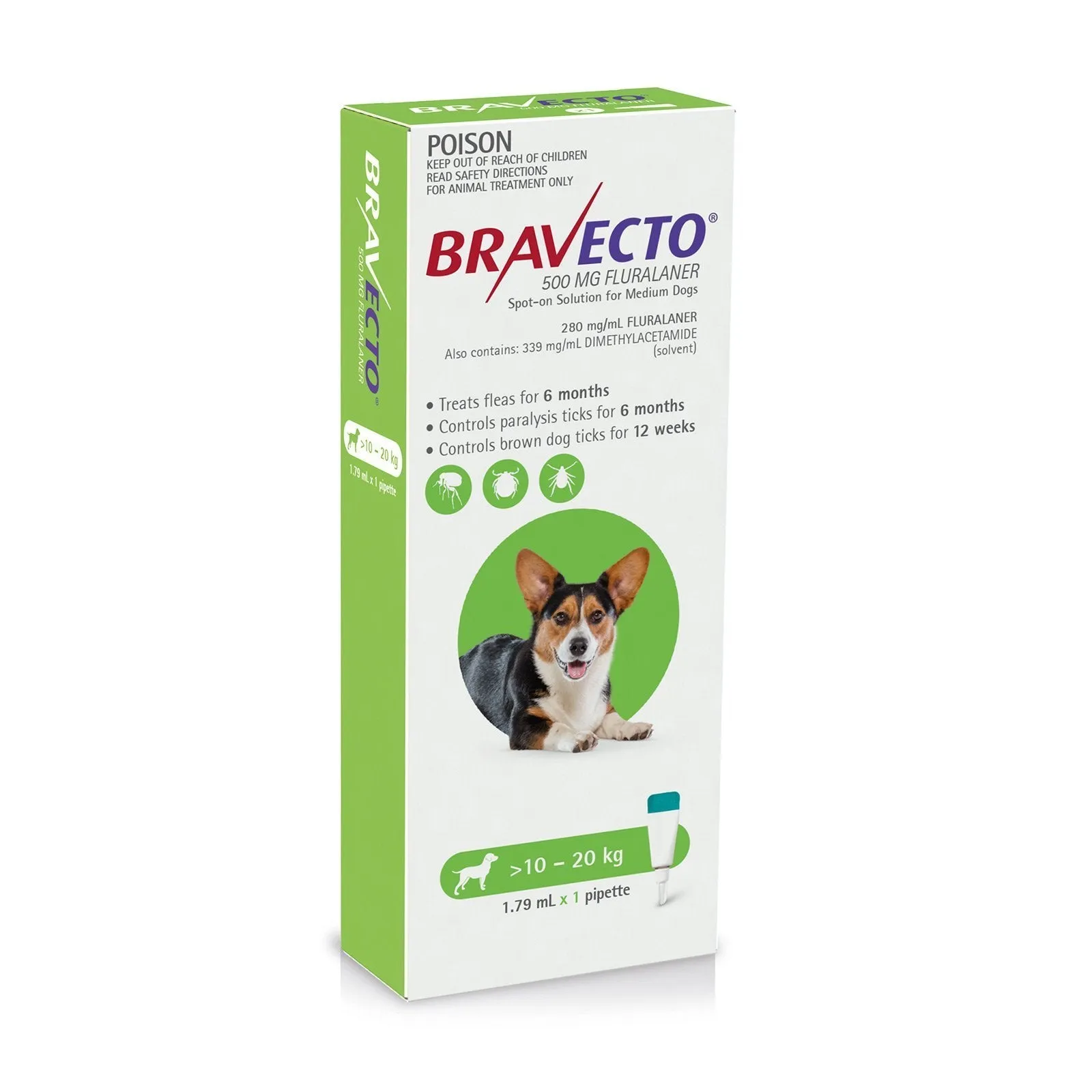 Bravecto Spot-On 6 Monthly Flea Treatment for Dogs 10-20kg Green