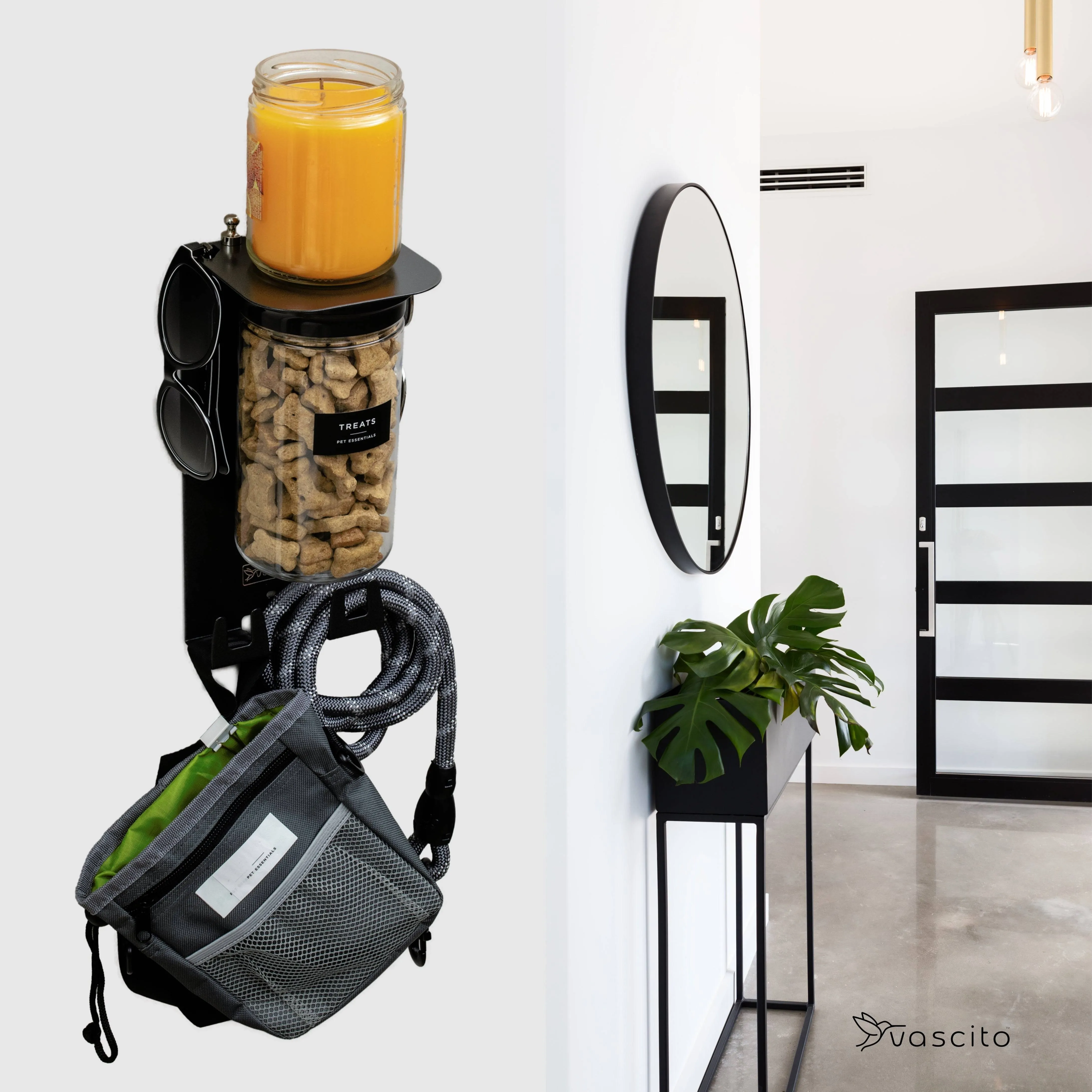 Dog Leash Holder for Wall, Dog Storage Organizer with 4.75” Dog Shelf and 1 Small Airtight Dog Treat Containers in Modern Black