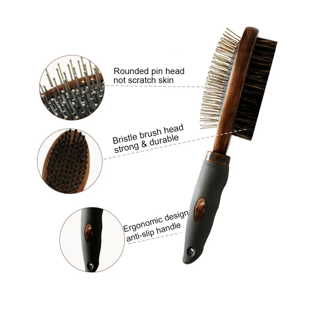 Double-Sided Pin & Bristle Brushes for Dogs & Cats, Pets Grooming Comb with Wooden/Bamboo Handle, Cleaning Pets Shedding and Dirt for Long Hair & Short Hair, Deshedding Tool