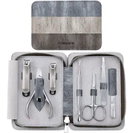 FAMILIFE Manicure Set, 7 in 1 Professional L14 Manicure Pedicure Set Stainless Steel Nail Clipper Set with Noble Portable Gray Travel Case Gift for Women Men