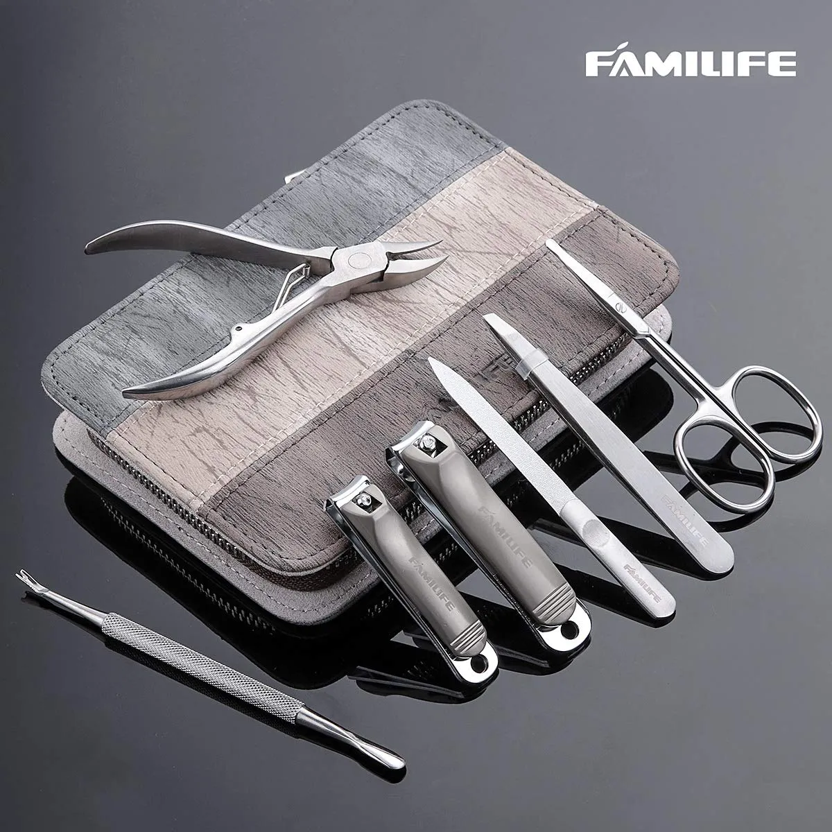 FAMILIFE Manicure Set, 7 in 1 Professional L14 Manicure Pedicure Set Stainless Steel Nail Clipper Set with Noble Portable Gray Travel Case Gift for Women Men