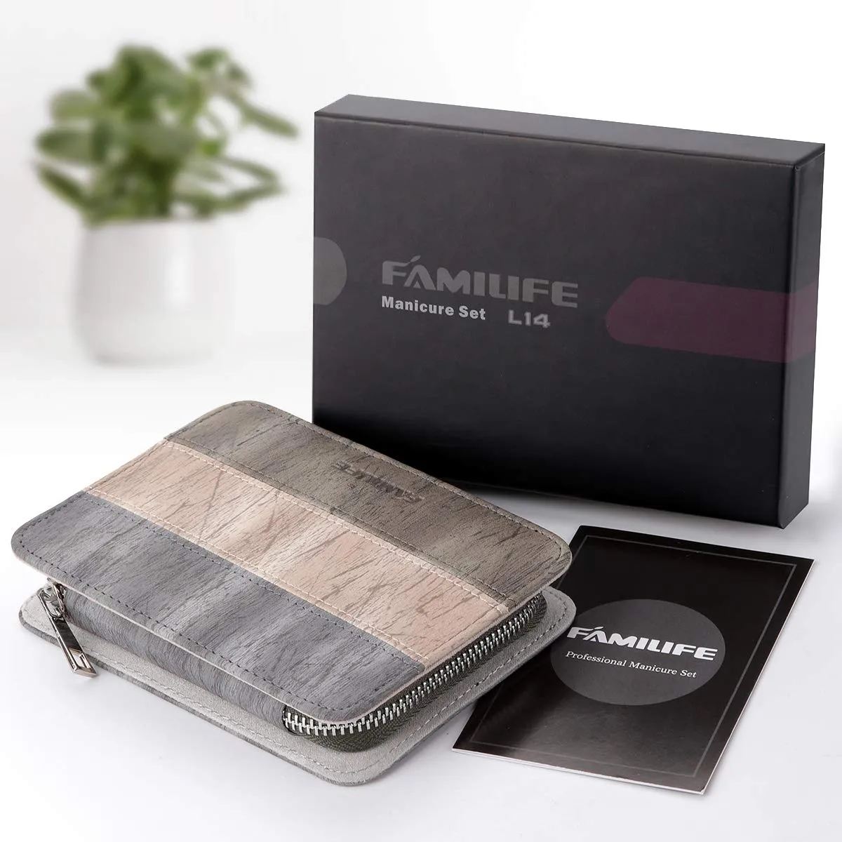 FAMILIFE Manicure Set, 7 in 1 Professional L14 Manicure Pedicure Set Stainless Steel Nail Clipper Set with Noble Portable Gray Travel Case Gift for Women Men