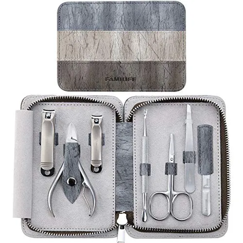 FAMILIFE Manicure Set, 7 in 1 Professional L14 Manicure Pedicure Set Stainless Steel Nail Clipper Set with Noble Portable Gray Travel Case Gift for Women Men