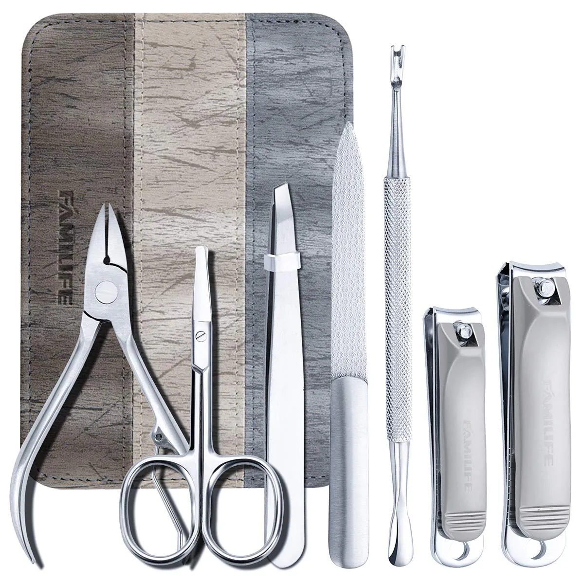 FAMILIFE Manicure Set, 7 in 1 Professional L14 Manicure Pedicure Set Stainless Steel Nail Clipper Set with Noble Portable Gray Travel Case Gift for Women Men