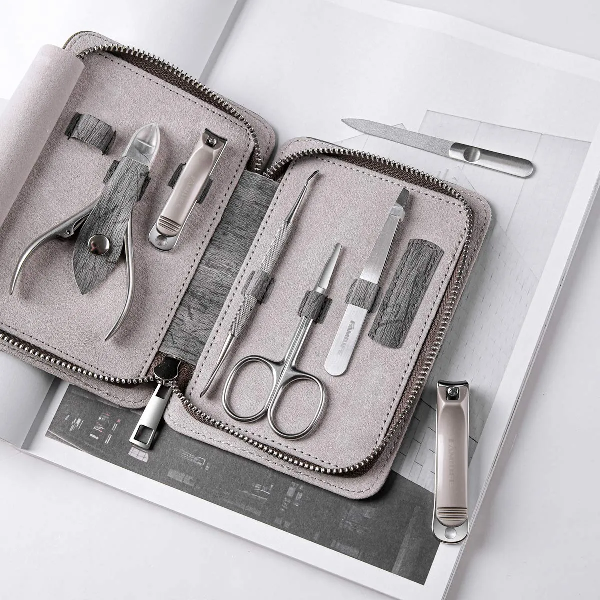 FAMILIFE Manicure Set, 7 in 1 Professional L14 Manicure Pedicure Set Stainless Steel Nail Clipper Set with Noble Portable Gray Travel Case Gift for Women Men