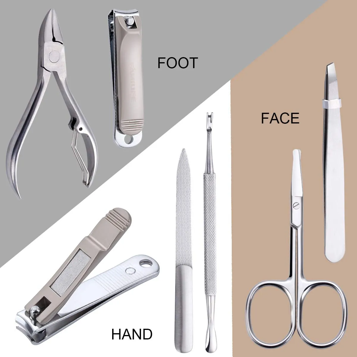 FAMILIFE Manicure Set, 7 in 1 Professional L14 Manicure Pedicure Set Stainless Steel Nail Clipper Set with Noble Portable Gray Travel Case Gift for Women Men