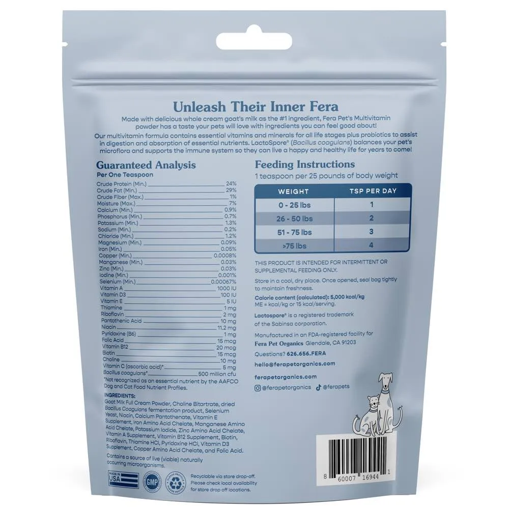 Fera Pets Multivitamin Goat Milk Supplement Powder For Cats & Dogs 6.34oz