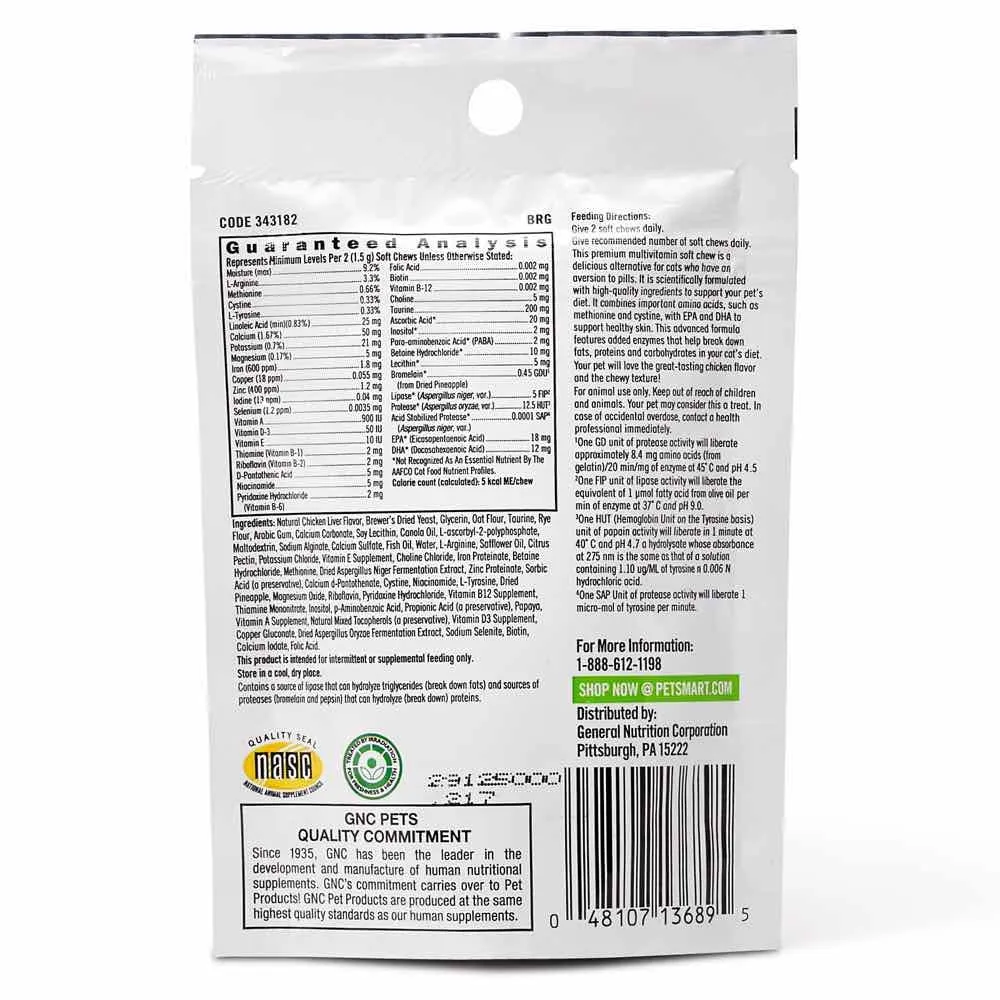 GNC Pets Ultra Mega Multivitamin Plus Chicken-Flavor Soft Chews Senior Cat Supplement 45ct