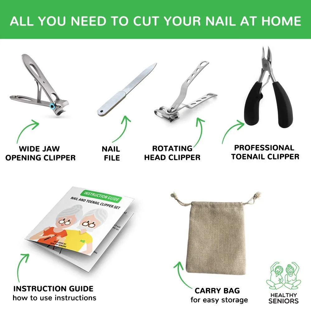 Healthy Seniors Complete Nail and Toenail Clipper Set - Designed for Thick Nails. Perfect for Diabetics or People Suffering from Arthritis