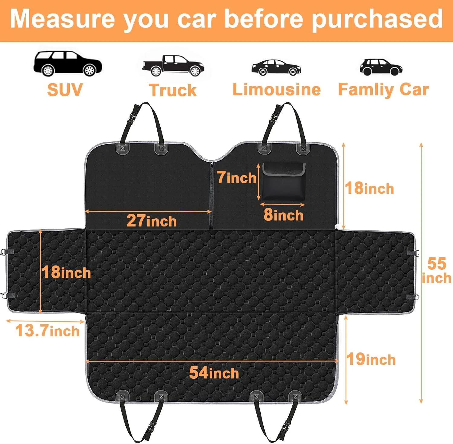 Mancro Dog Car Seat Cover for Back Seat, Waterproof Car Seat Protector for Dogs with Side Flaps, Scratchproof Car Seat Cover, Dog Hammock with Nonslip Bottom for SUVs, Standard(54 W x 55 L)