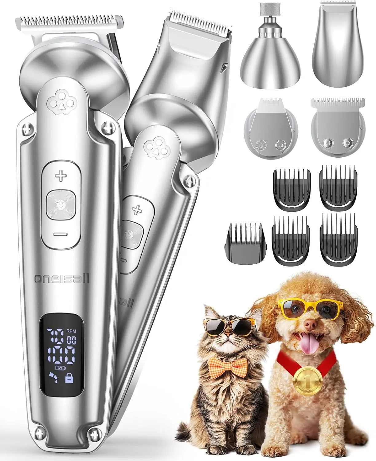 oneisall Dog Clippers and Paw Trimmer with Low Noise, 4 - in - 1 Cordless Dog Grooming Kit with 3 - Level Speed Clippers (7000 RPM) for Grooming Thick Hair, Waterproof Shaver for Dogs and Cats