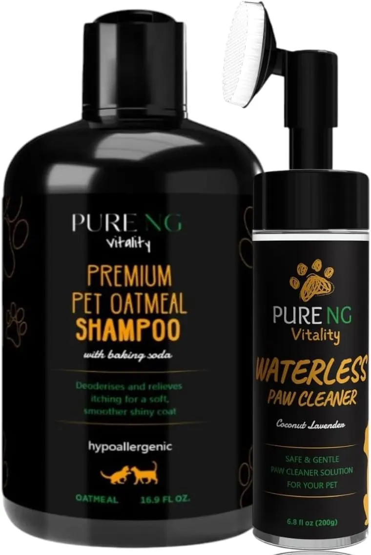 PNG Vitality Dry Skin & Anti-Itch Dog Shampoo Waterless Paw Cleaner Bundle | Oatmeal Shampoo for Skin Relief | Hypoallergenic, Anti-Dandruff, Anti-Fungal | No Rinse Paw Cleaner with Coconut & Lavender