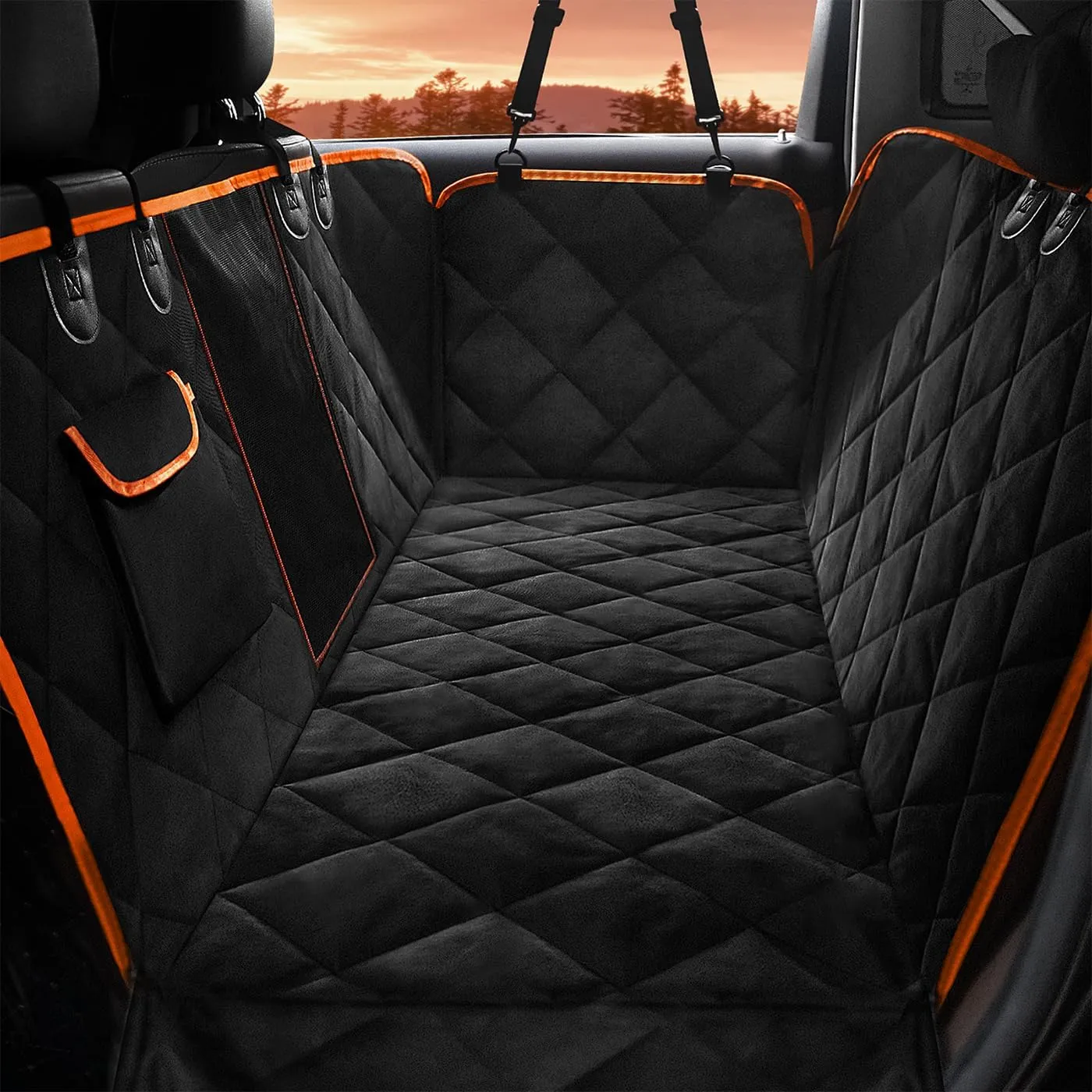Waterproof Dog Car Seat Cover for Back Seat,Collapsible Scratchproof Dog Car Seats Covers,Nonslip Dogs Seat Cover with Mesh Window,Storage Pocket,Side Flaps,Universal Size Fit for Car/Truck/SUV