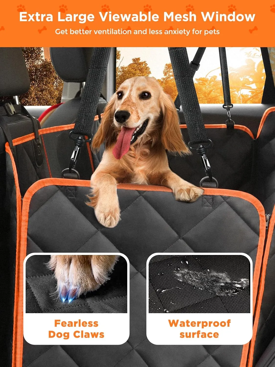 Waterproof Dog Car Seat Cover for Back Seat,Collapsible Scratchproof Dog Car Seats Covers,Nonslip Dogs Seat Cover with Mesh Window,Storage Pocket,Side Flaps,Universal Size Fit for Car/Truck/SUV