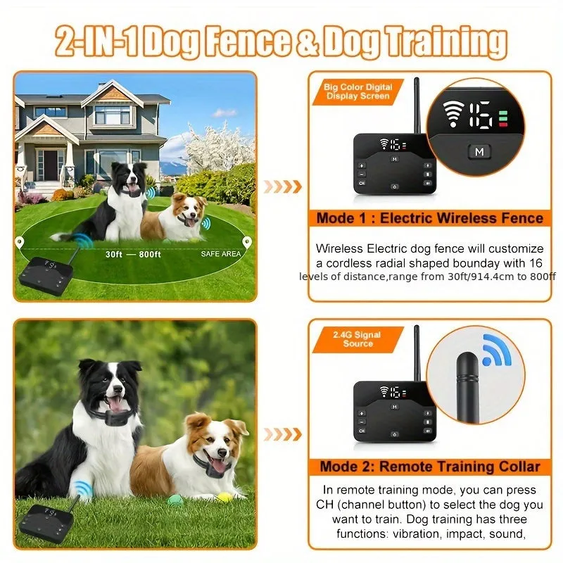Wireless Dog Fence System/Receiver, 2 In 1 Wireless Dog Fence&Training Collar, Remote Wireless Dog Boundary Containment System, Waterproof Dogs Training Collar